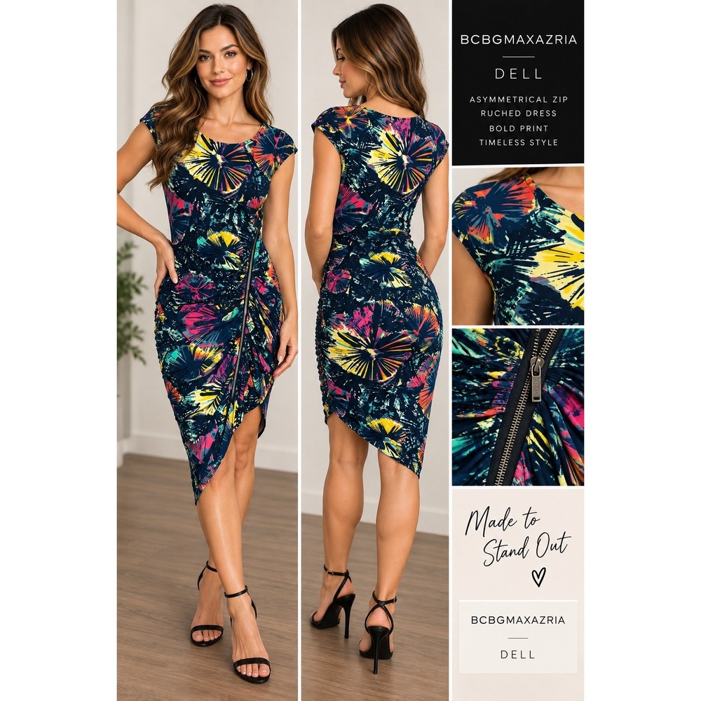 BCBGMAXAZRIA Dell XS Multicolor Floral Ruched Asymmetrical Zip Bodycon Dress